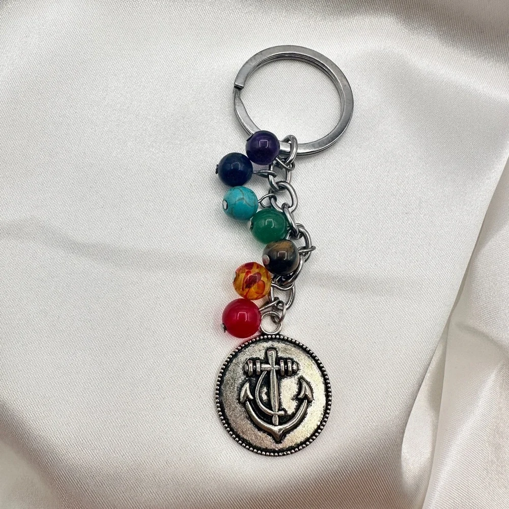 Vintage 80s 7 Chakra Healing Stone Keychain Yoga Reiki Anchor Charm Gift Jewelry
